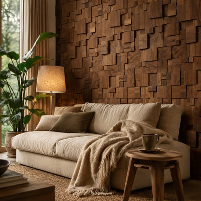 Mur entièrement recouvert de panneaux muraux 3D Kubo en bois de noyer, composé de blocs en relief, dans un salon avec canapé beige, lampe et plante verte.