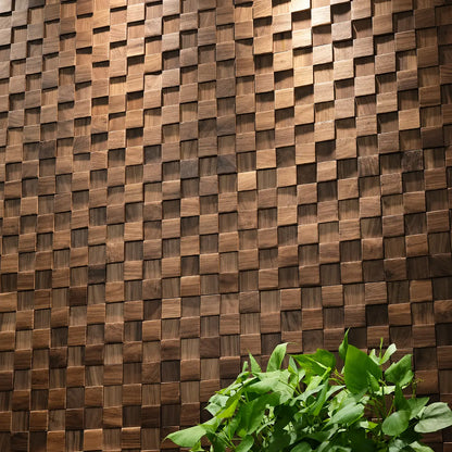 Mur entièrement recouvert de panneaux Karo en petits cubes de bois de noyer à relief, avec une plante verte au premier plan