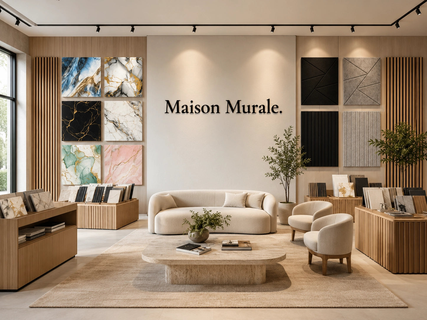 Showroom Maison Murale présentant une collection de panneaux muraux décoratifs effet marbre et panneaux acoustiques